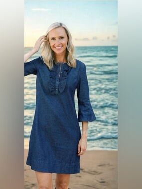 Draper James Dark Denim Ruffle Collar Cotton Dress Size 6